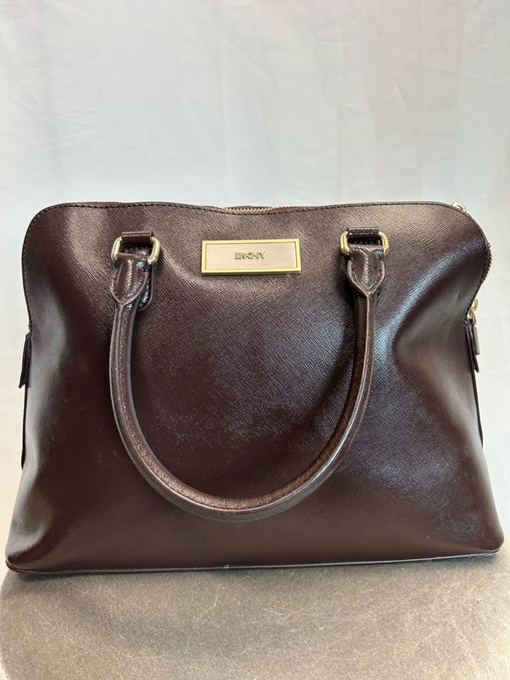 DKNY Dark Brown Saffiano Leather Satchel with Gold Plaque